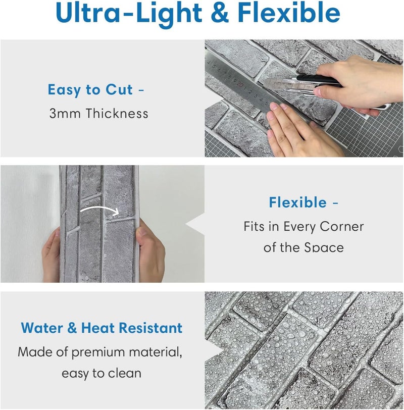 COMSTICKC 3D Gray Brick Wall Panel, Peel and Stick Brick Tiles, 10 Pcs of 12"X12", Small Size Thin PVC Faux Brick Self Adhesive Brick Wall Covering Fake Brick Paneling Background - Image 5